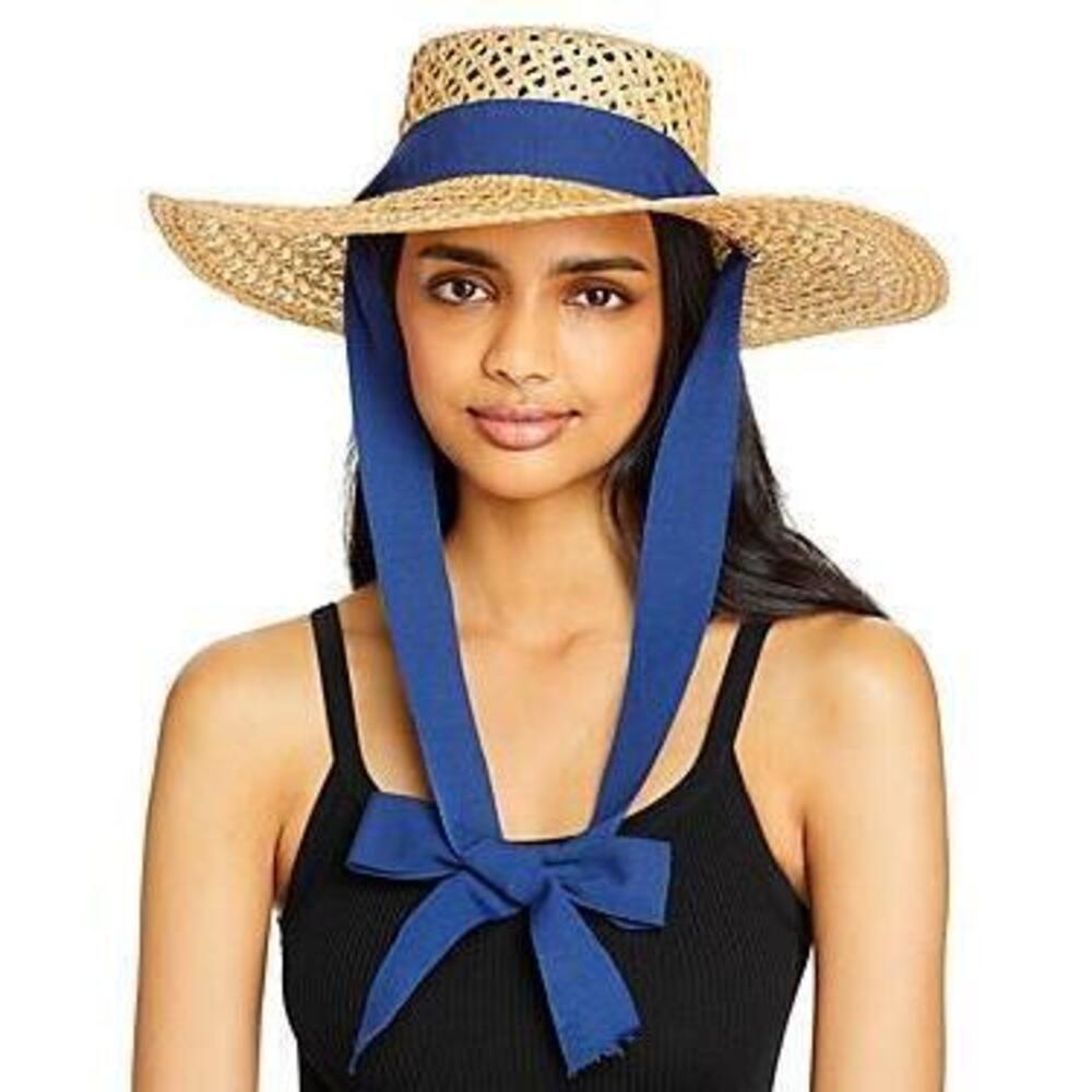 Aqua Women's Tan/Blue Straw Boater hat One Size NWT